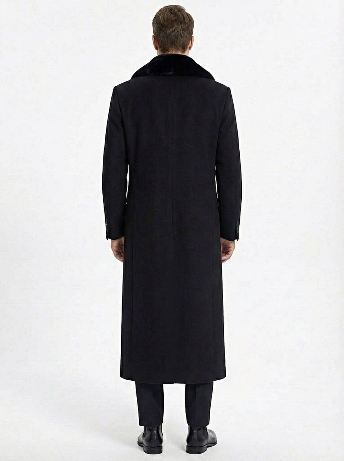 Mens Black Long Overcoat with Faux Fur Collar, Full Length Winter Topcoat for Formal and Business Wear
