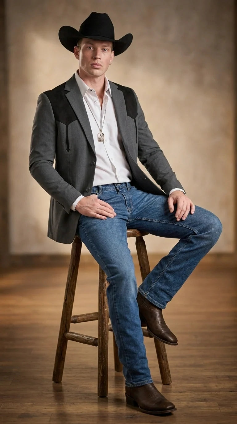 Men’s Dark Charcoal Western Blazer with Black Suede Yokes, Cowboy Sport Coat for Ranch Wedding and Country Events