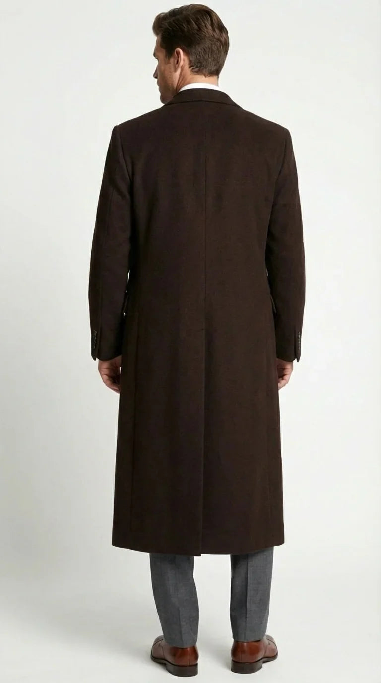Mens Brown Long Overcoat Double Breasted Classic Formal Winter Coat for Business, Topcoat and Cold Weather Wear