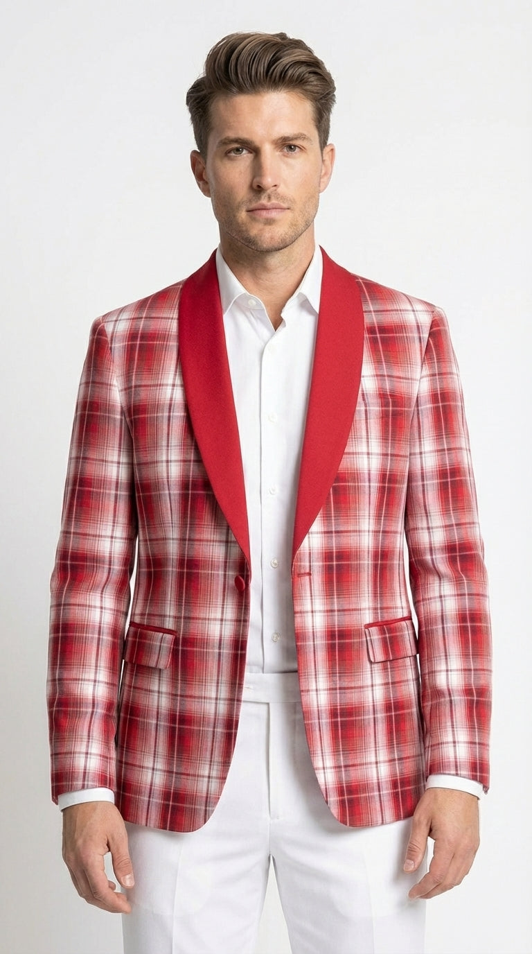 Mens Tartan Red and White Plaid Blazer – Check Pattern Sport Coat Red Shawl Lapel Party Christmas Holiday New Year