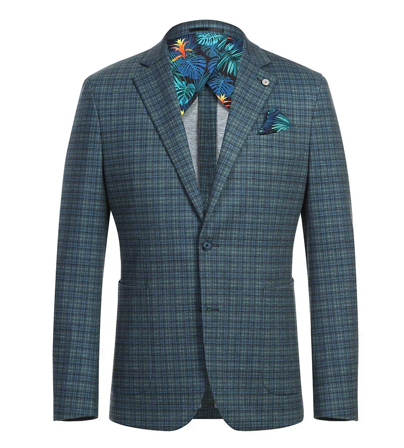 Half Canvas Slim Fit Blazer in Green Blue Check