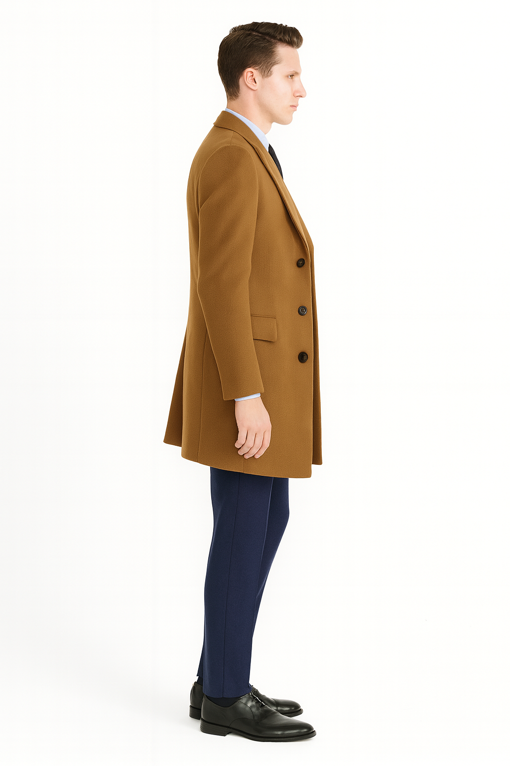Mens Camel Brown Wool Overcoat – Classic Long Dress Coat for Business and Casual Wear in Vecuna Color