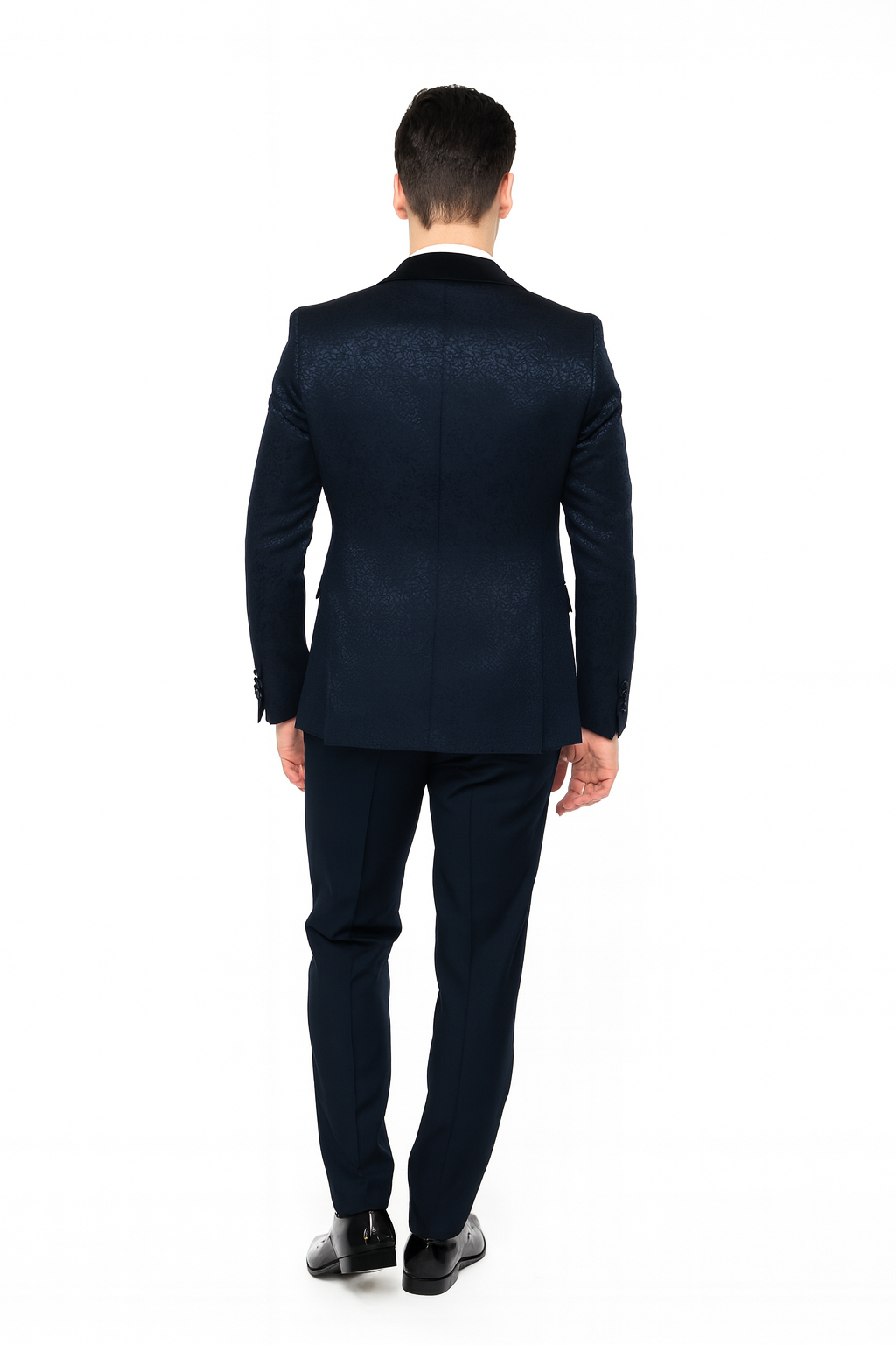 Mens Navy Blue Jacquard Tuxedo with Black Velvet Shawl Lapel, 3 Piece Formal Suit with Bow Tie