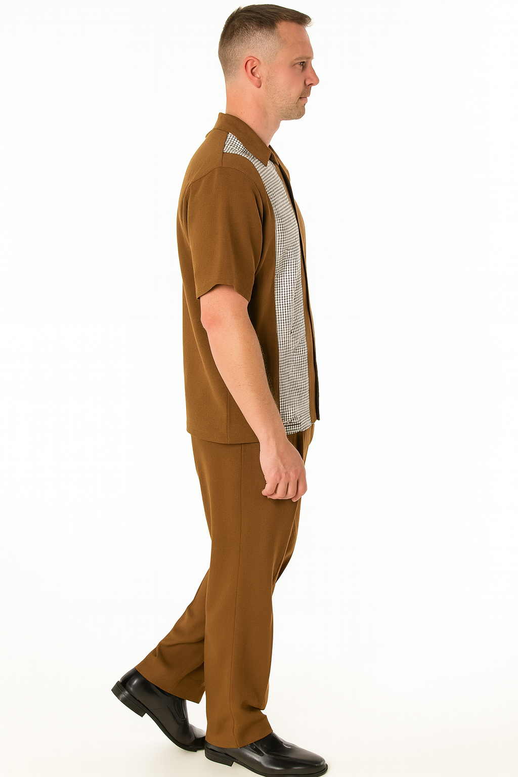 Mens Cognac Tan Two-Piece Outfit – Short Sleeve Button-Up Shirt and Pants Set