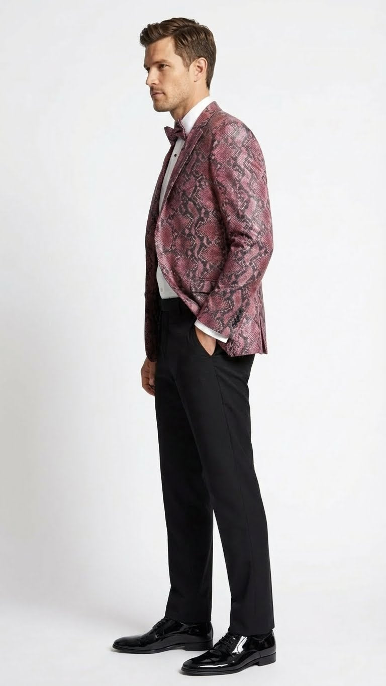 Mens Burgundy and Black Snakeskin Print Blazer Alligator Crocodile Sport Jacket Exotic Skin