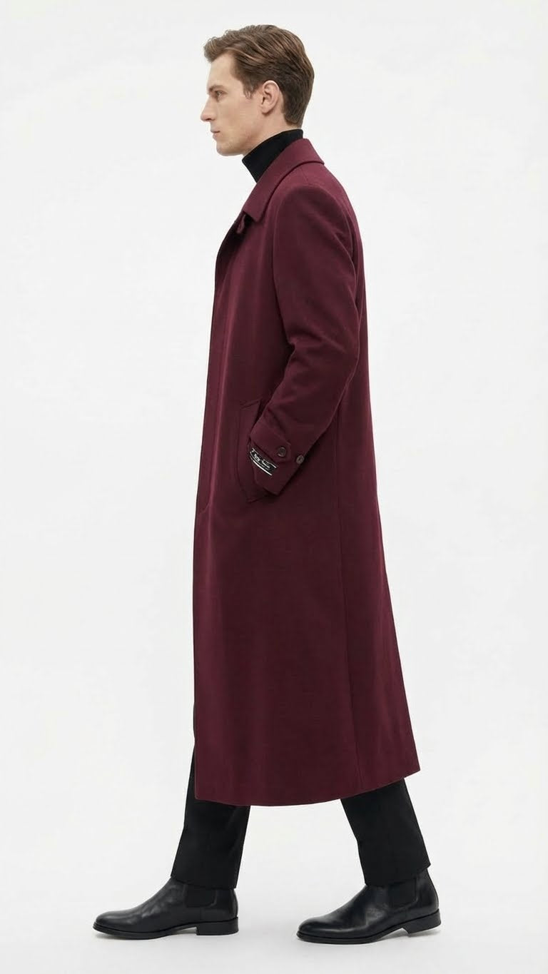 Mens Full-Length Burgundy Overcoat - Microfiber 4 season fabric Long Formal Coat with Classic Tailored Maxi Duster Coat