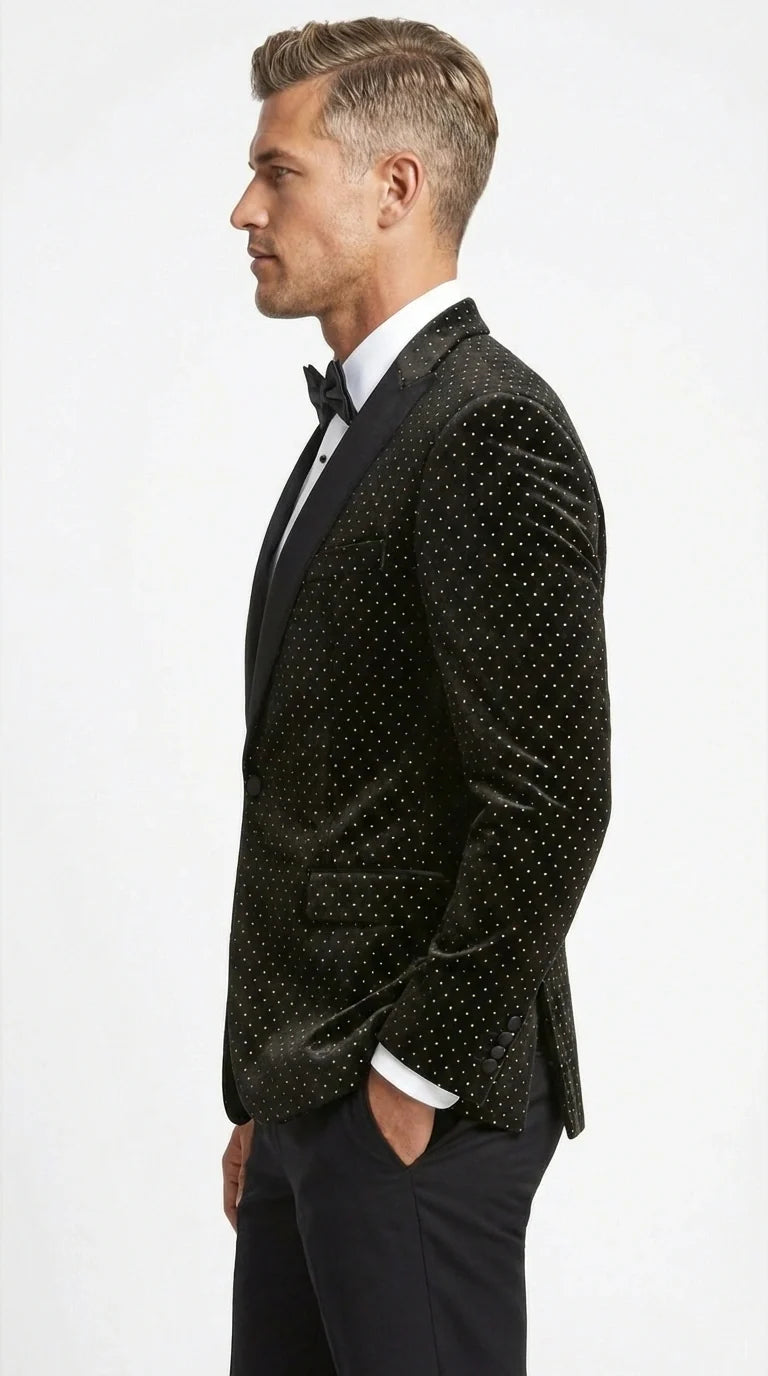Men’s Black Velvet Dinner Jacket Blazer with Satin Lapel – Formal Evening Tuxedo Style Jacket Polk Dots Pattern + Free bowtie