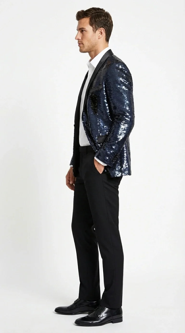 Men’s Navy Sequin Blazer – Navy Blue Sparkle Sequin Formal Blazer with Satin Lapel for Prom, Party and Evening Events