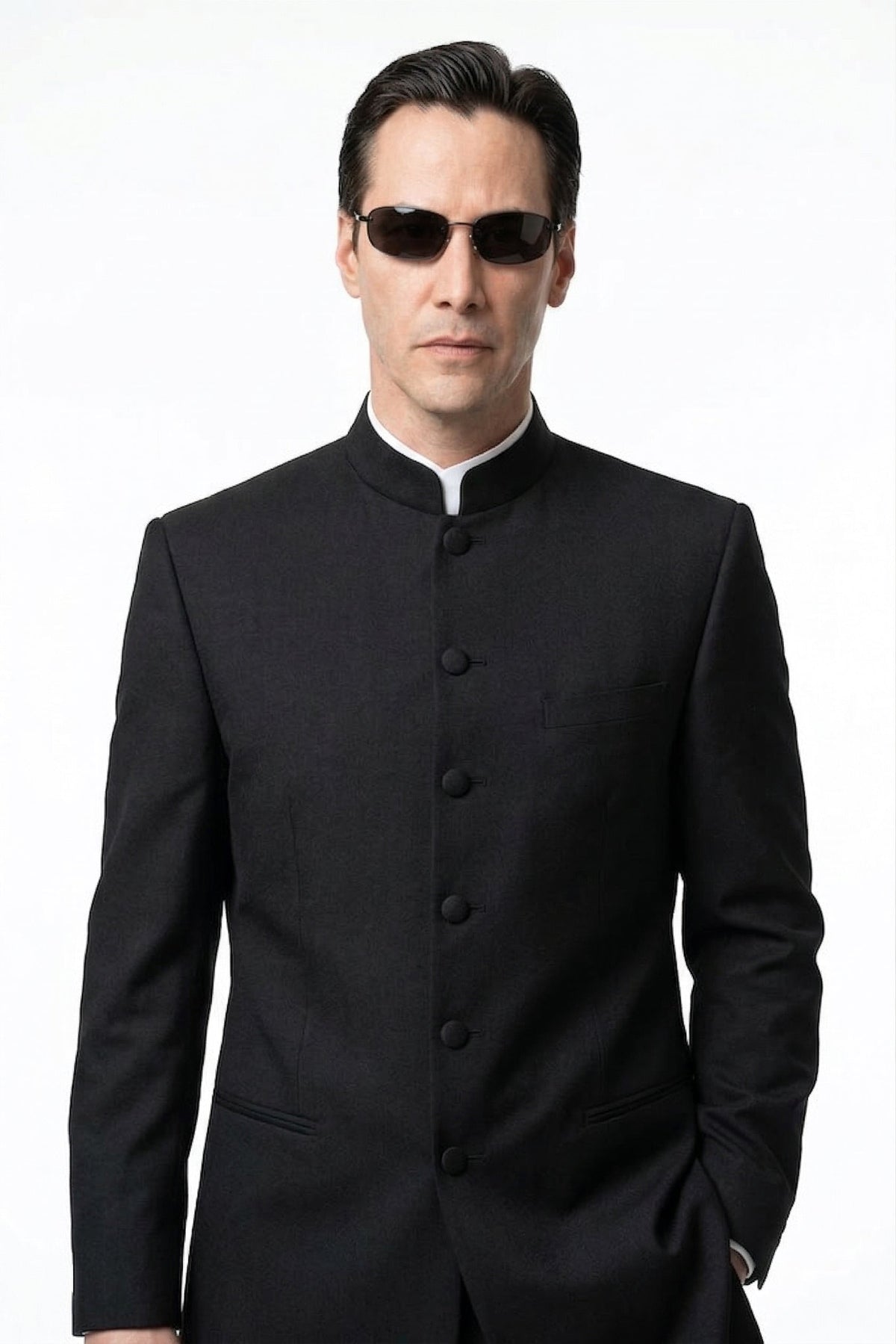 Men’s Black Coat Matrix Keanu Reeves Inspired Long Coat – Classic Mandarin Collar Formal Overcoat, Stylish Winter Trench Coat, Neo Style Jacket