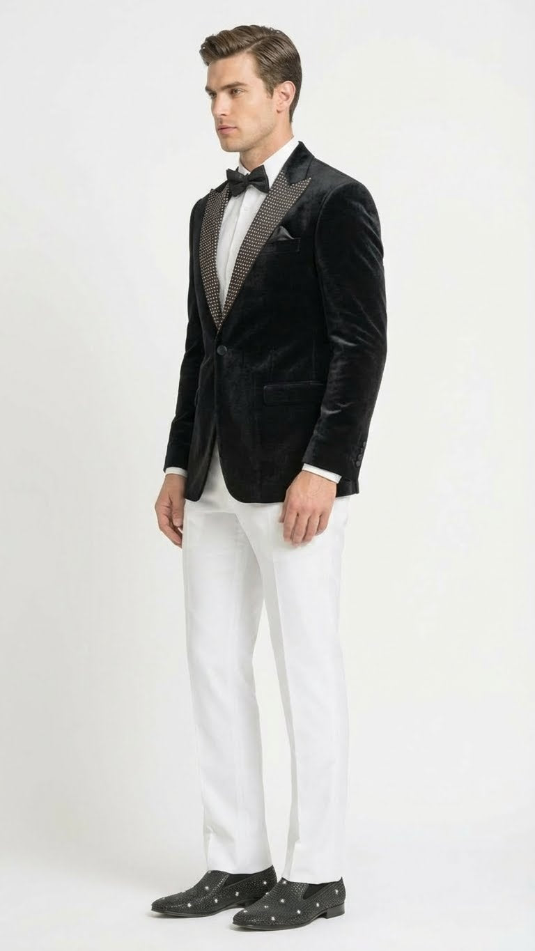 Mens Black Velvet Tuxedo Blazer with Studded Lapel Formal Evening Jacket