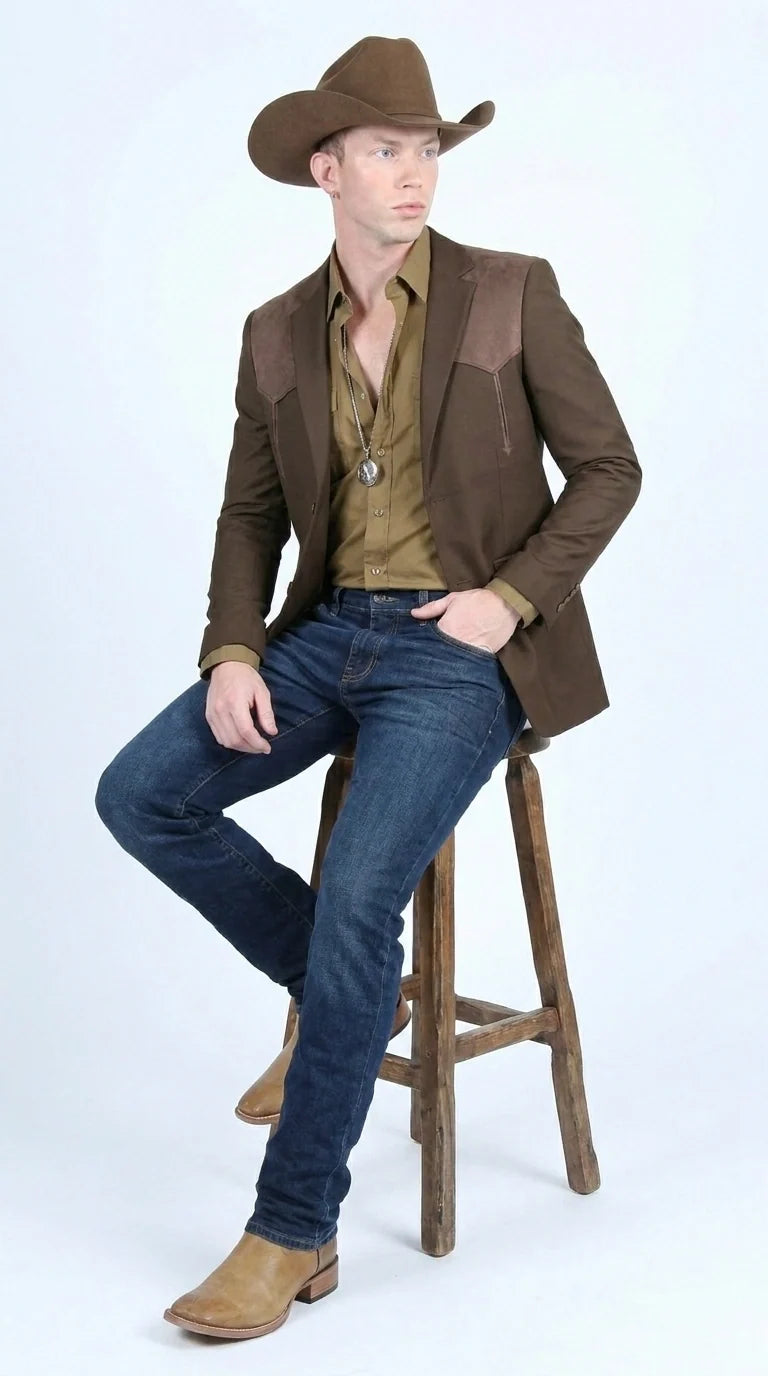 Men’s Dark Brown Western Blazer with Suede Yokes, Cowboy Sport Coat for Ranch Wedding and Country Events