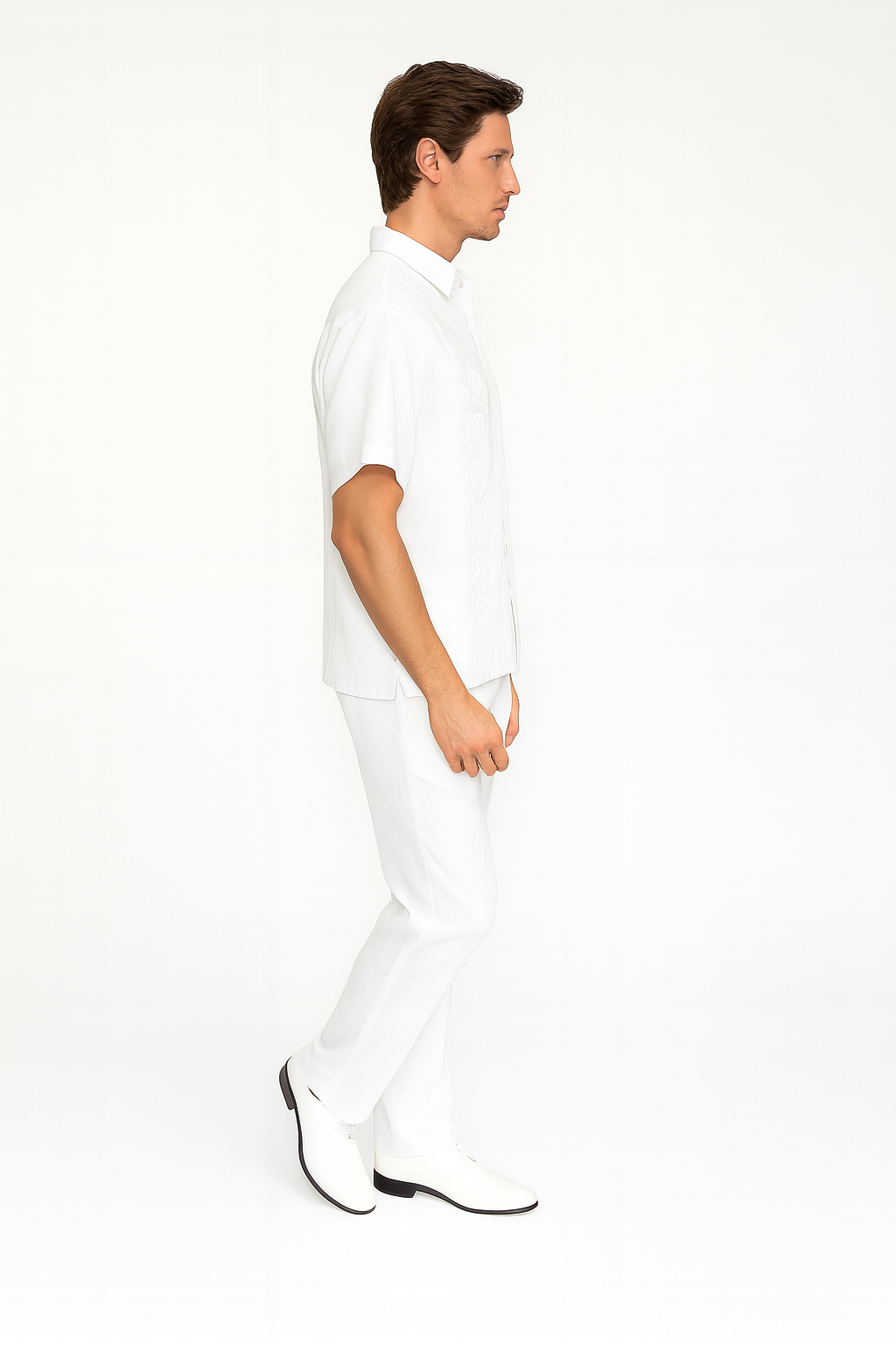 Mens White Embroidered Guayabera Two-Piece Set Short Sleeve Shirt and Pants