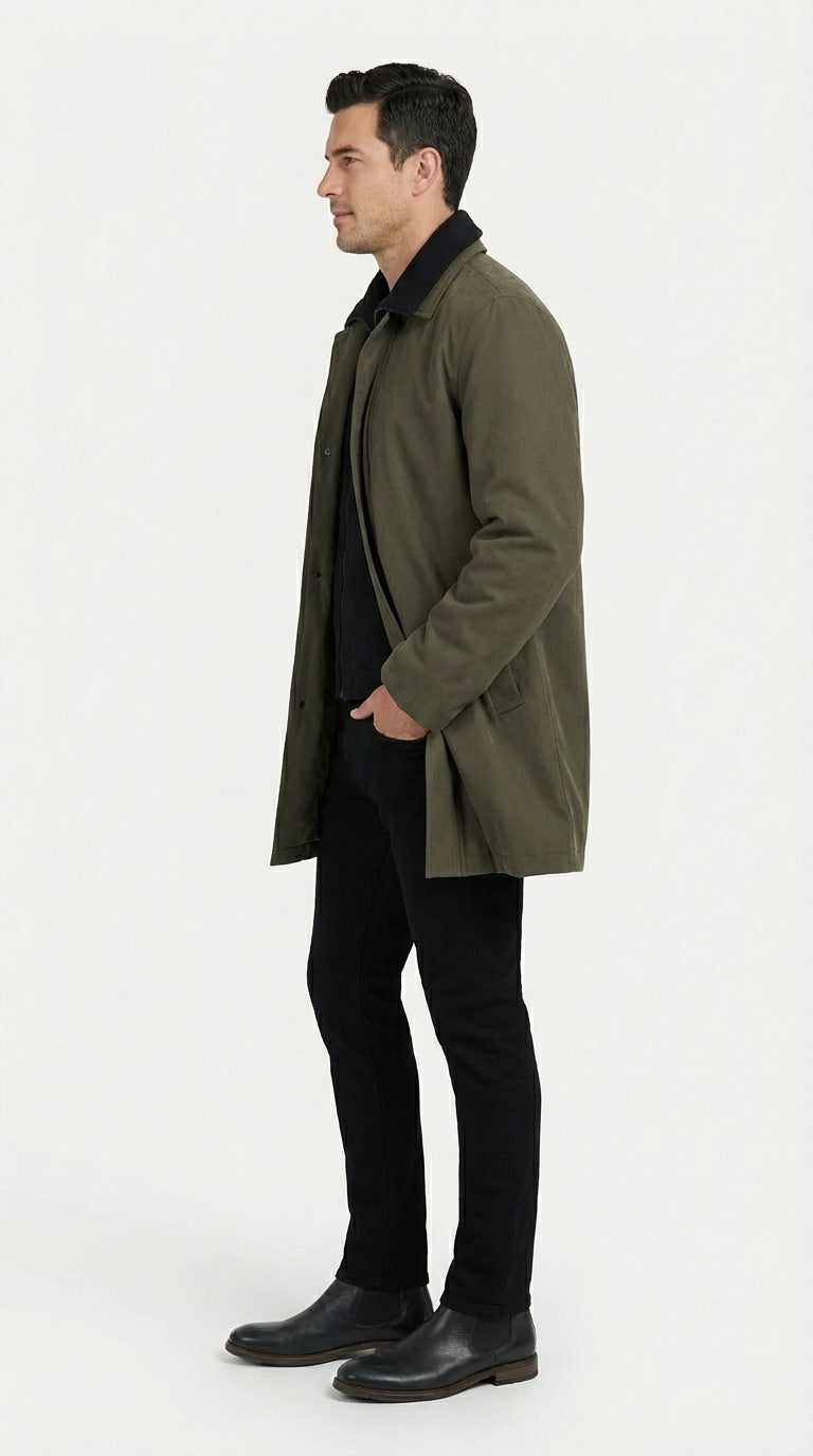 Mens Olive Brown Trench Coat Raincoat – Classic Water Resistant Long Coat with Zip and Button Closure for Business, Travel and Everyday Outerwear