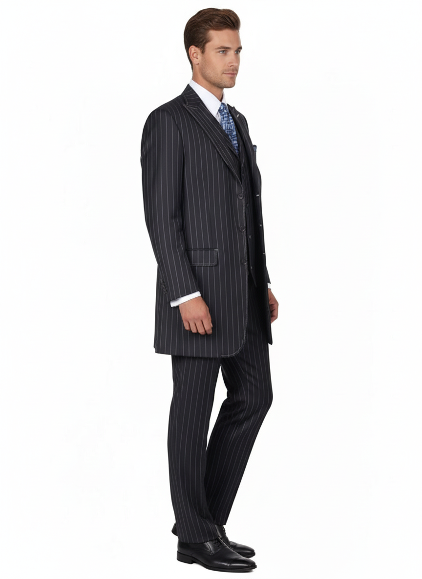 Men's Three Button Suits - Navy Blue Pinstripe Three-Piece Suit Classic Business and Formal Wear with Tailored Fit
