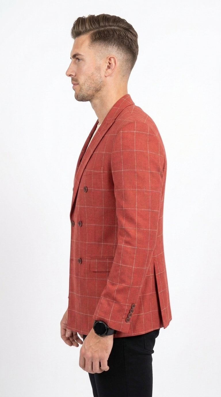 Men's Red Windowpane Plaid Double Breasted Suit – Modern Fit 2 Piece Wedding, Prom & Formal Dress Suit