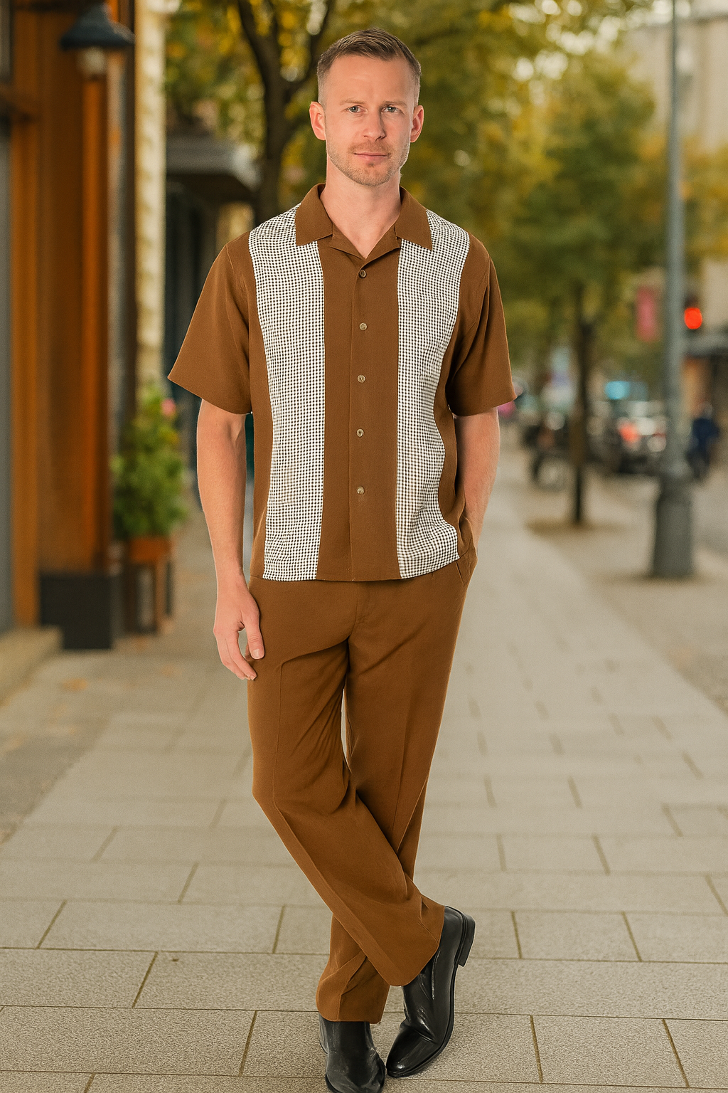 Mens Cognac Tan Two-Piece Outfit – Short Sleeve Button-Up Shirt and Pants Set