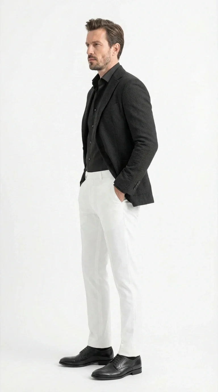 Mens Black Seersucker Blazer - Textured Two-Button Notch Lapel Formal & Summer Sport Jacket in Black Tone-on-Tone Cotton Fabric