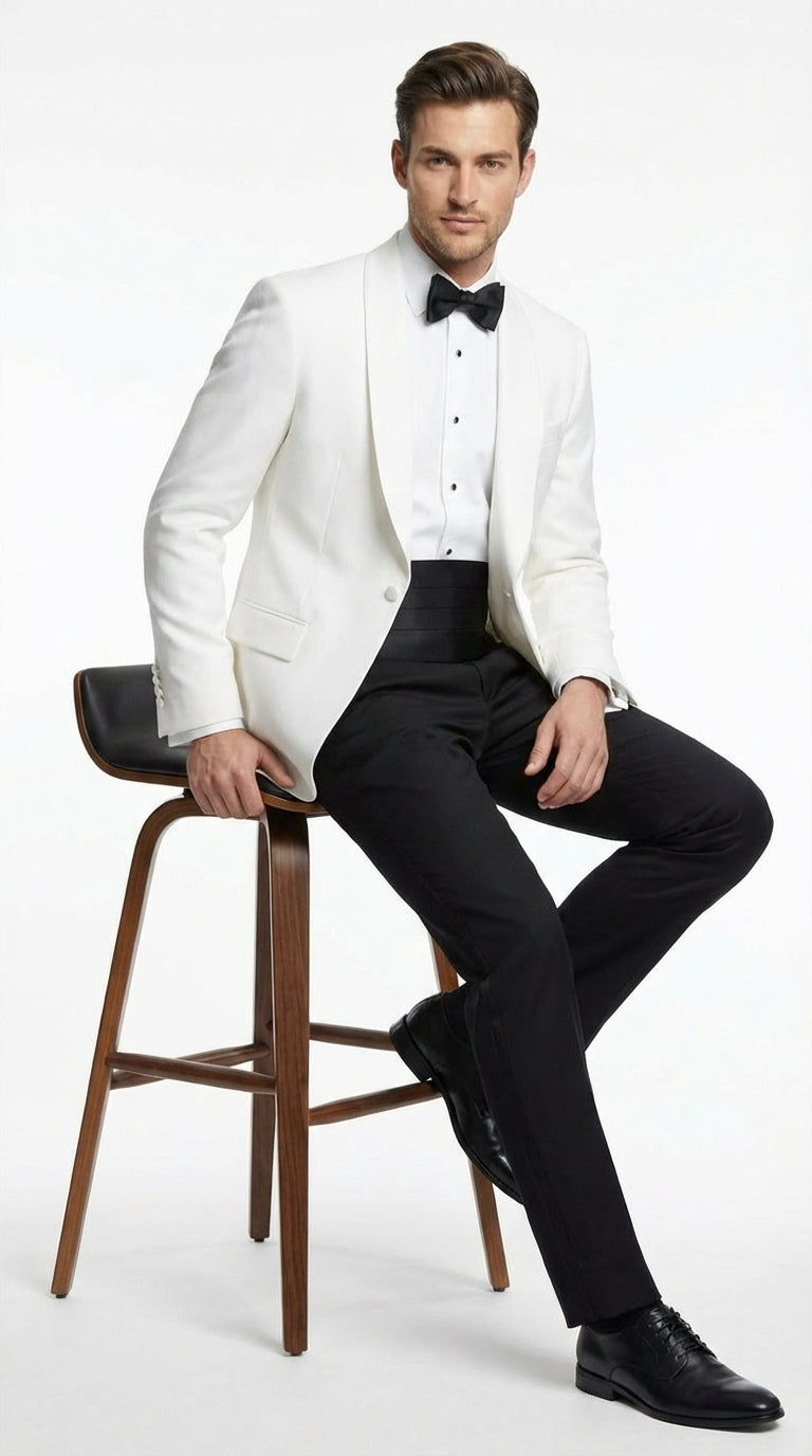 Men's White Dinner Jacket Tuxedo Blazer with Black Satin Shawl Lapel With Black Tuxedo Pants