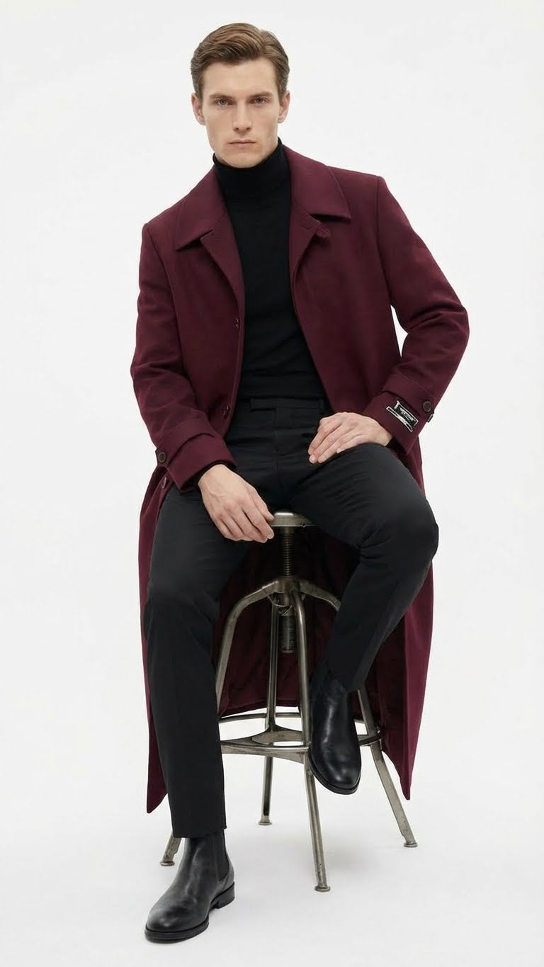 Mens Full-Length Burgundy Overcoat - Microfiber 4 season fabric Long Formal Coat with Classic Tailored Maxi Duster Coat