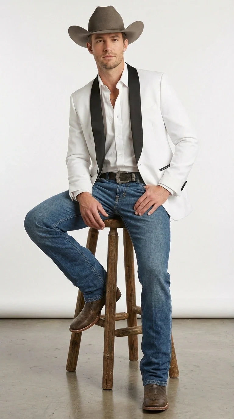 Men’s White Cowboy Blazer with Black Satin Lapel – Western Formal Tuxedo Style Jacket