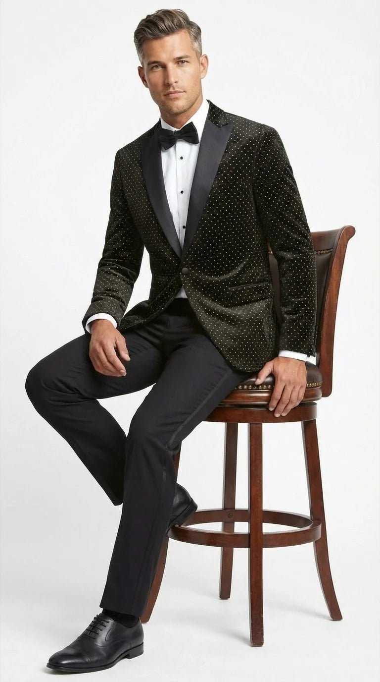 Men’s Black Velvet Dinner Jacket Blazer with Satin Lapel – Formal Evening Tuxedo Style Jacket Polk Dots Pattern + Free bowtie