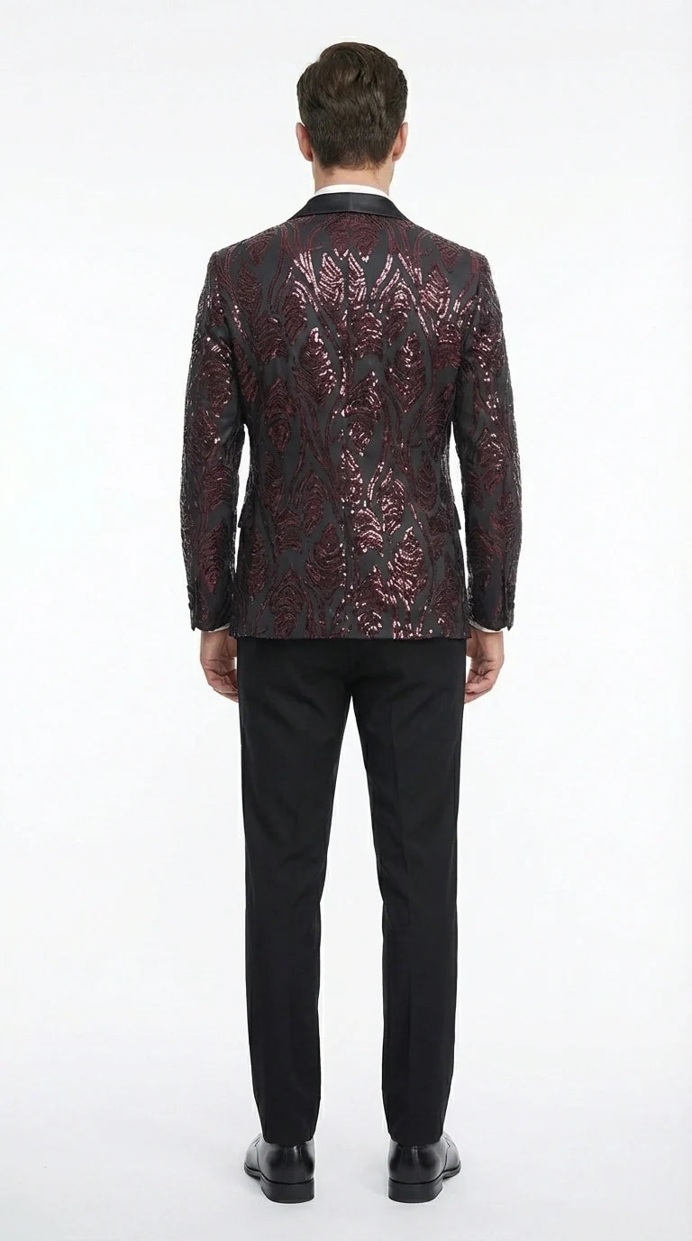 Men’s Black and Burgundy Sequin Blazer – Black Sparkle Sequin Party Blazer with Burgundy Pattern for Prom, Wedding Slim Fitted