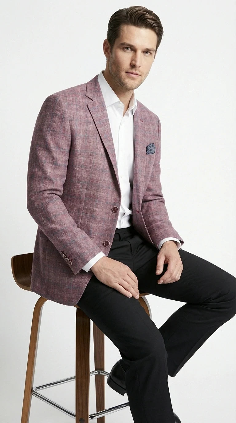 Mens Dusty Rose Mauve Pink with Tint of Blue Plaid Sport Coat Blazer – Classic Check Pattern Casual Blazer Jacket for Business Casual, Wedding