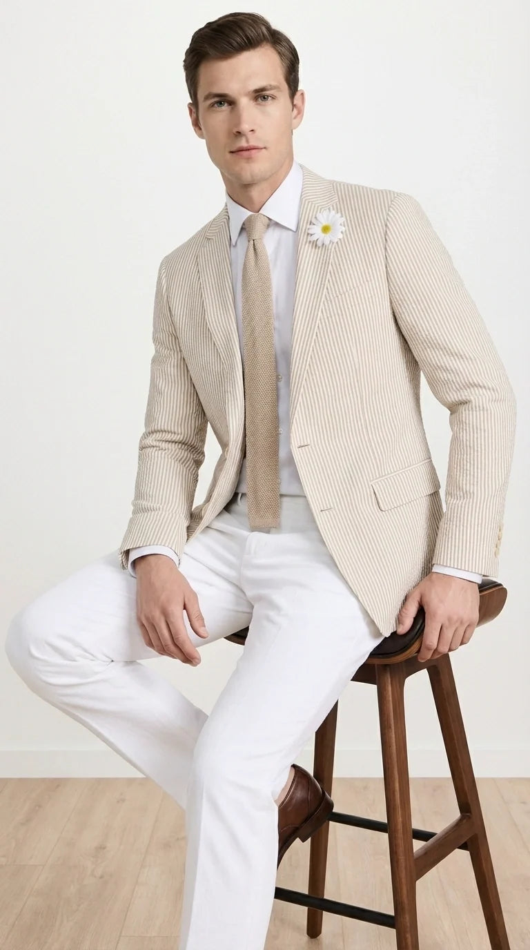 Mens Beige Seersucker Blazer – Lightweight Striped Summer Sport Coat Casual Smart Formal Jacket
