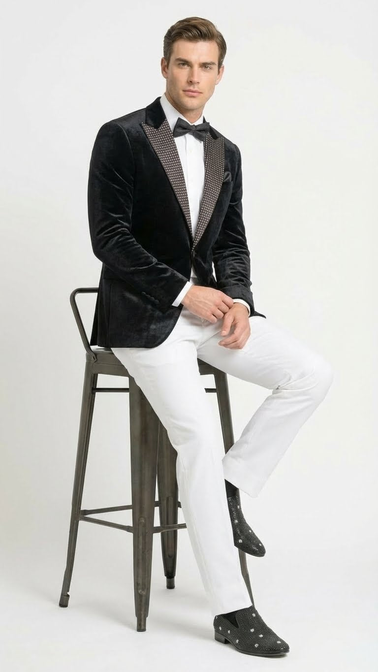 Mens Black Velvet Tuxedo Blazer with Studded Lapel Formal Evening Jacket