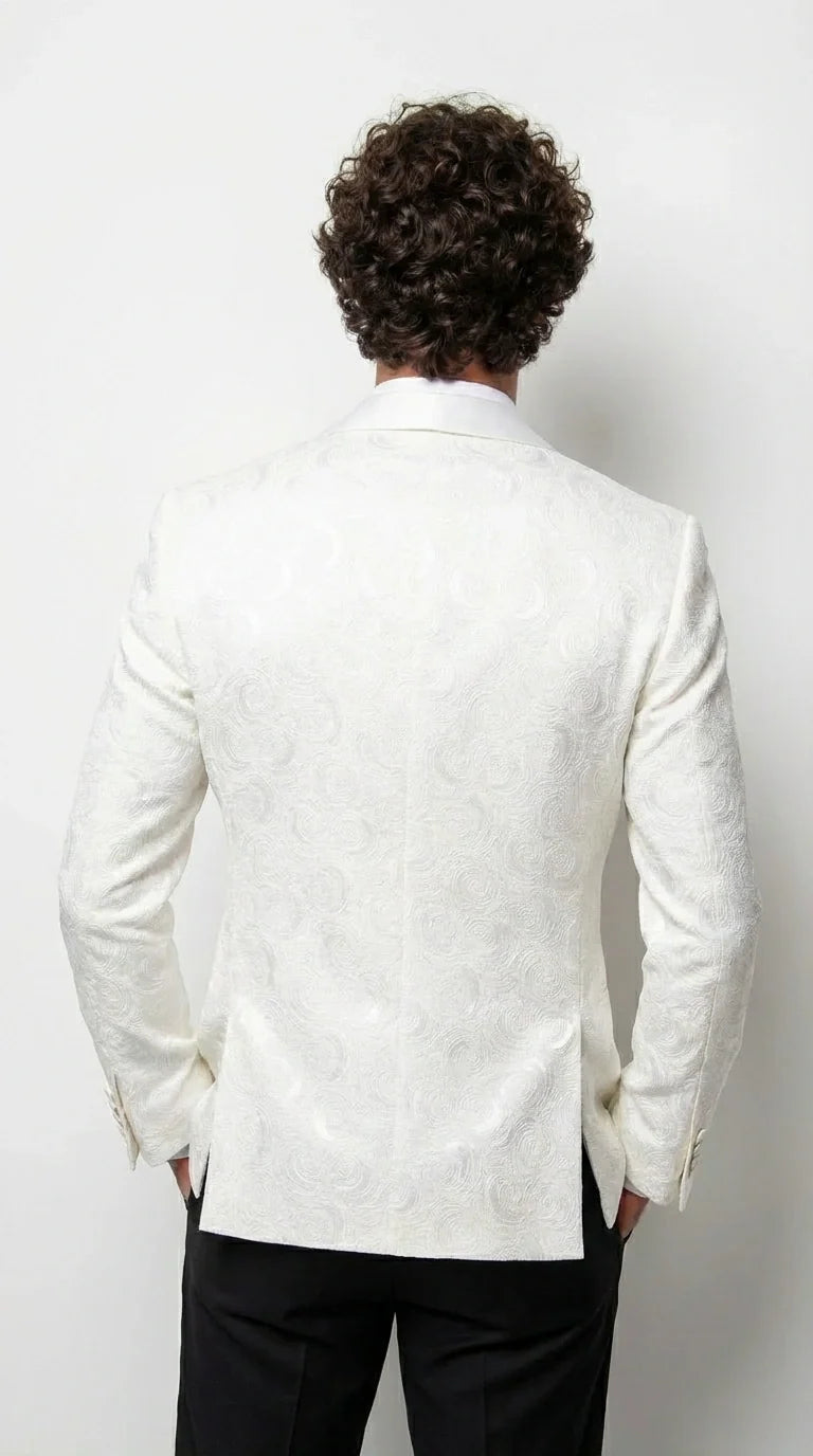 Men’s White Paisley Disco Blazer 1980s Style Jacket – Shawl Lapel Formal Party Blazer, Elegant Masquerade Club Wear, Stylish Evening Outfit