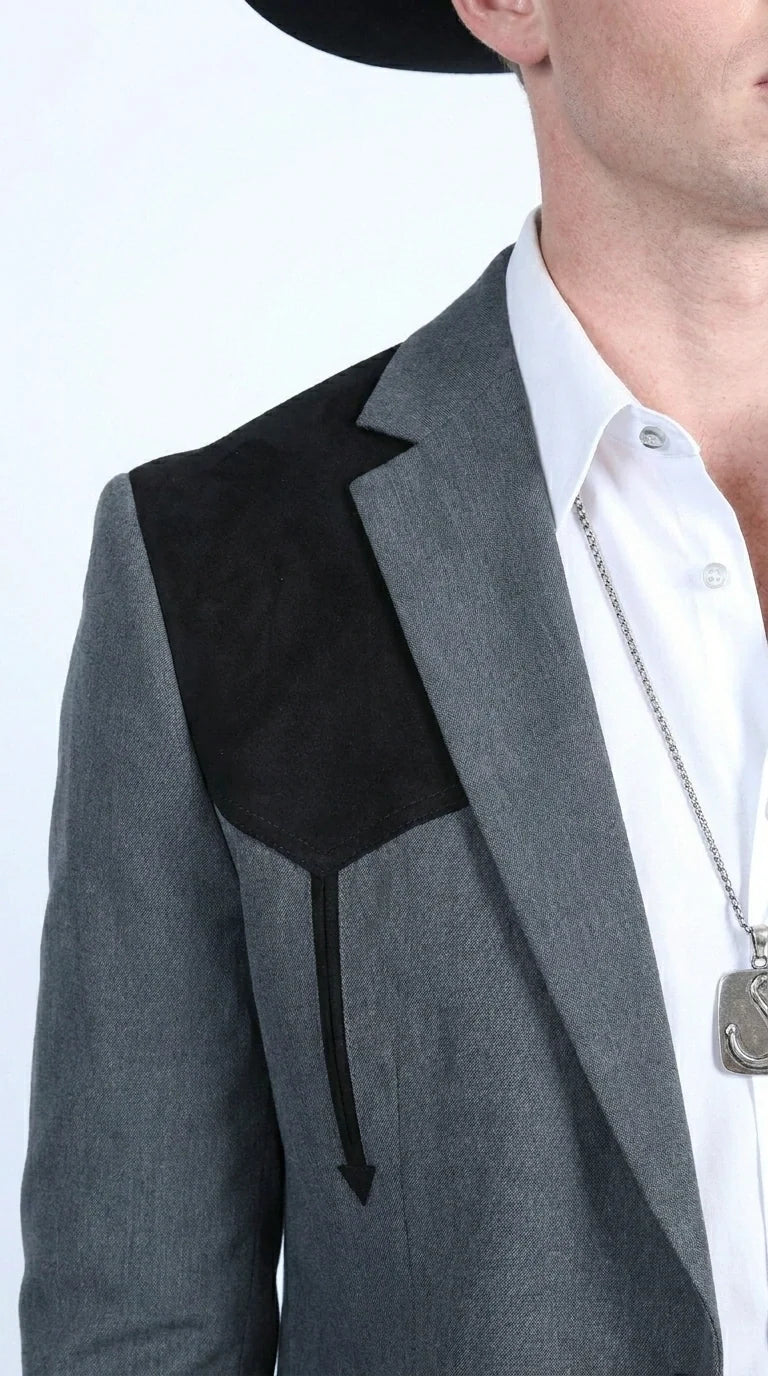 Men’s Dark Charcoal Western Blazer with Black Suede Yokes, Cowboy Sport Coat for Ranch Wedding and Country Events