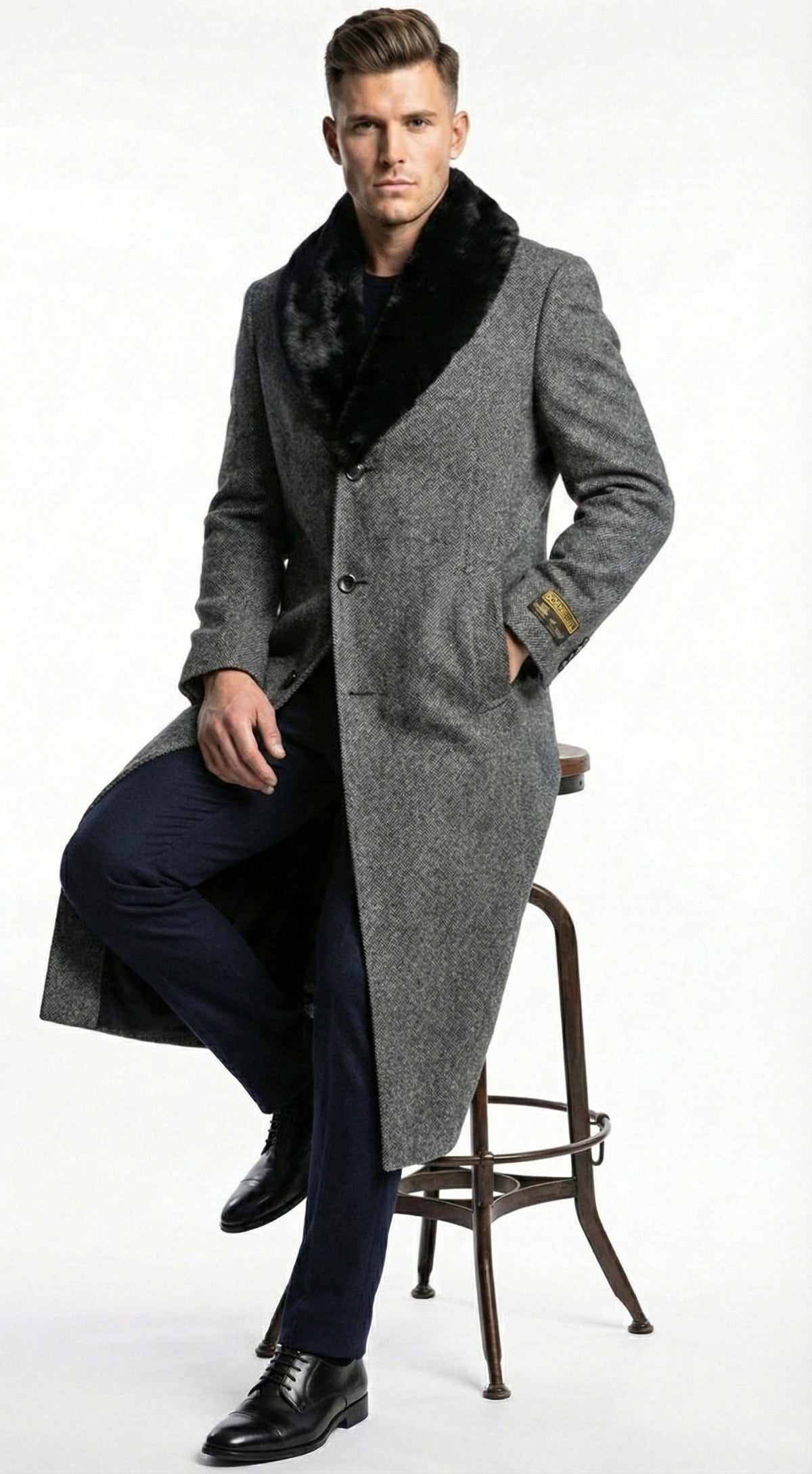 Men's Grey Herringbone Tweed Long Overcoat with Black Faux Fur Collar, Classic Winter Topcoat
