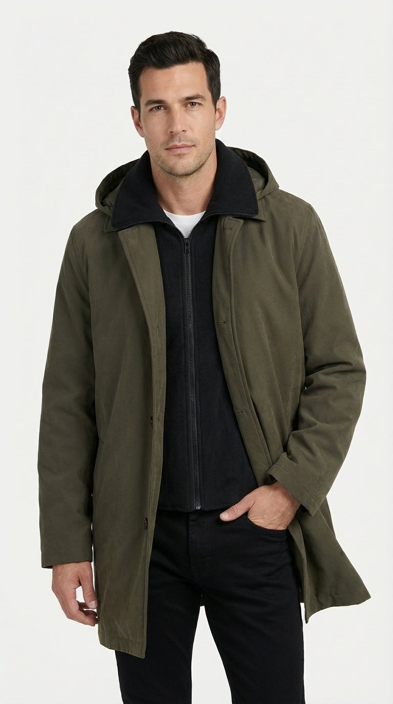 Mens Olive Brown Trench Coat Raincoat – Classic Water Resistant Long Coat with Zip and Button Closure for Business, Travel and Everyday Outerwear