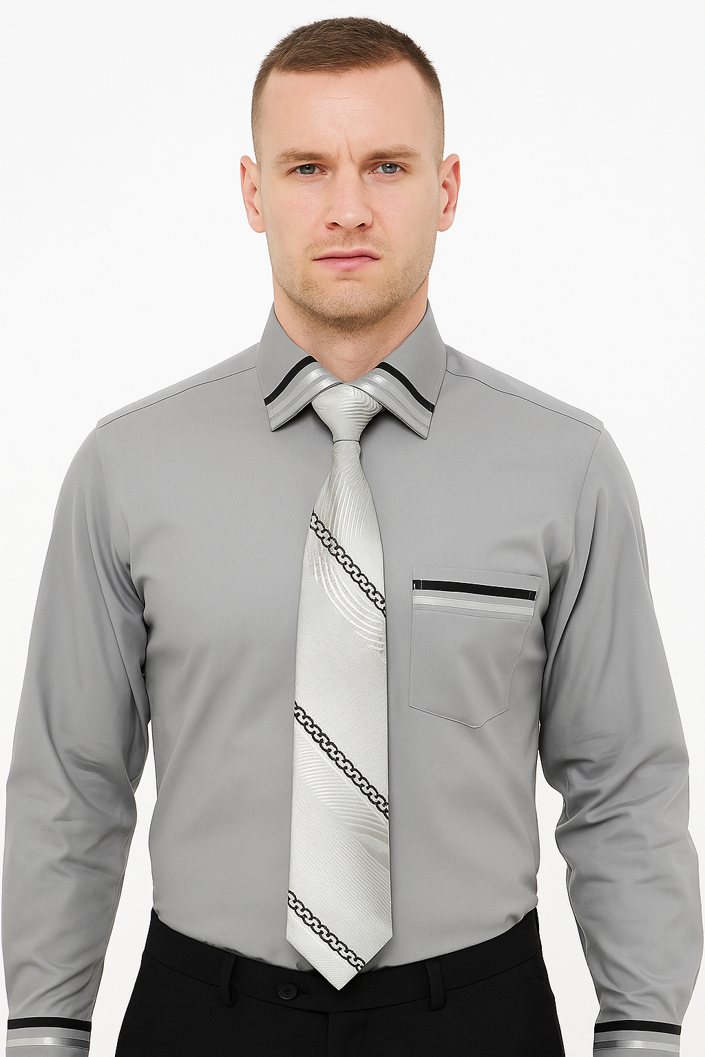 French Cuff With Tie And Handkerchief Style Multi-Color Men's Dress Shirt