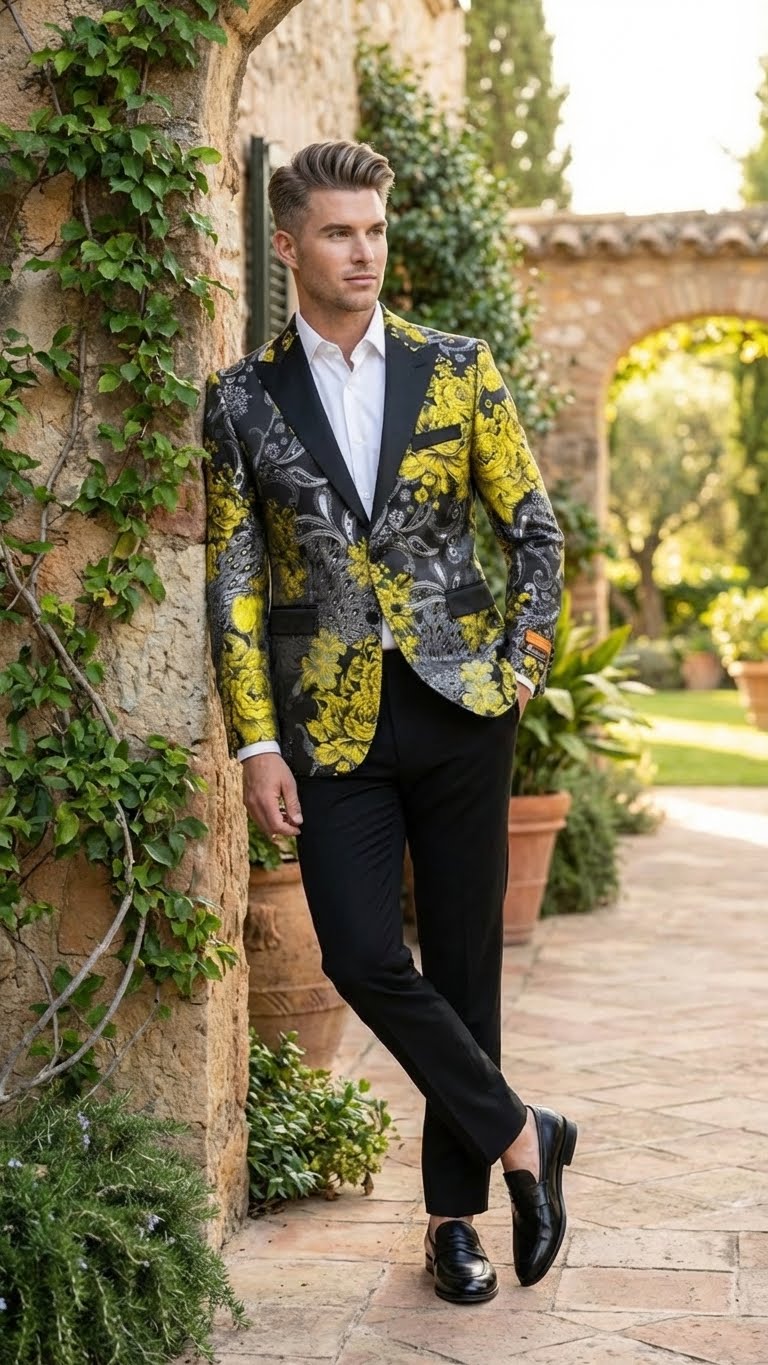 Mens Yellow Tuxedo Black and Gold Floral Pattern Blazer | Formal Jacket - Prom Dinner Jacket + Black Pants + Bowtie