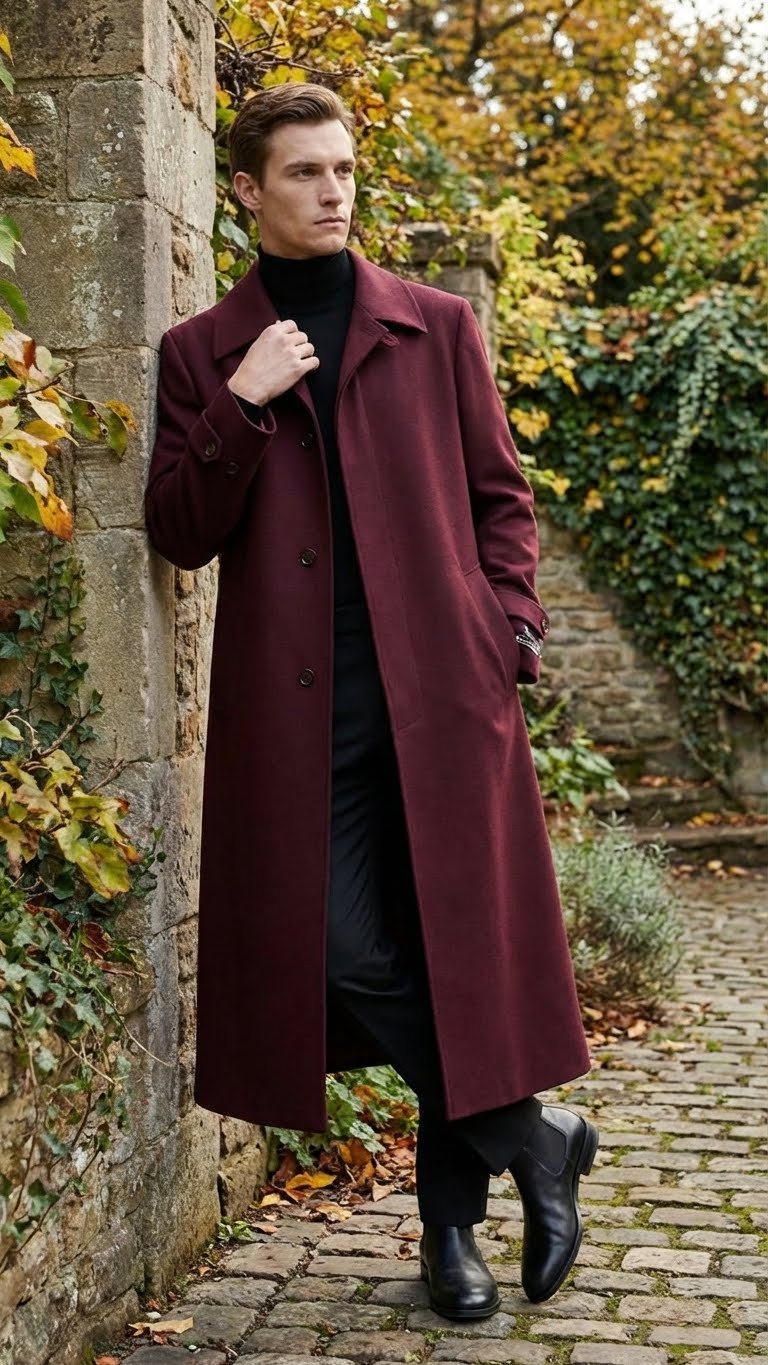 Mens Full-Length Burgundy Overcoat - Microfiber 4 season fabric Long Formal Coat with Classic Tailored Maxi Duster Coat