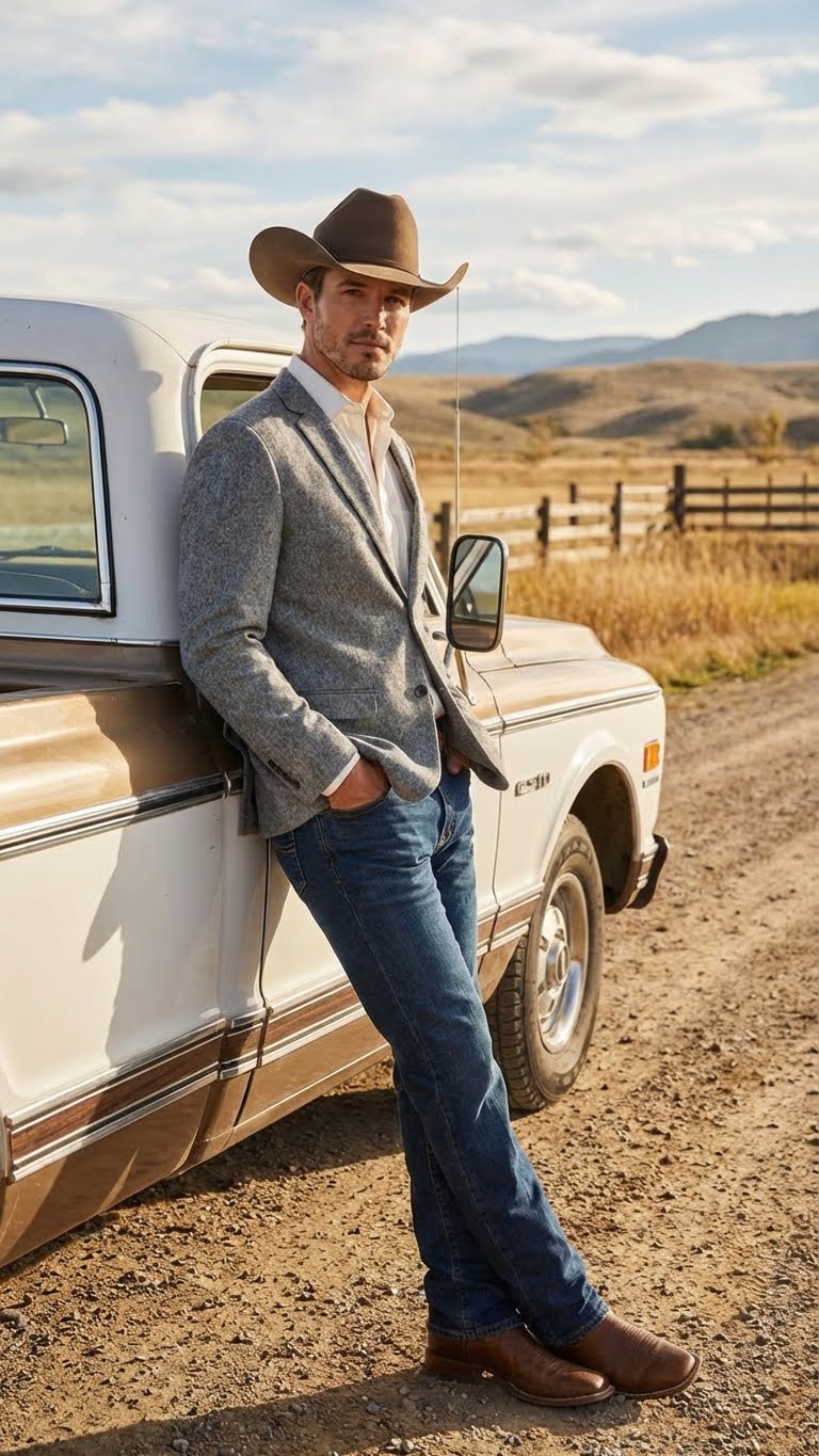 Men's Grey Tweed Herringbone Western Blazer Jacket Style Look, Textured Formal Casual Sport Coat for Jeans