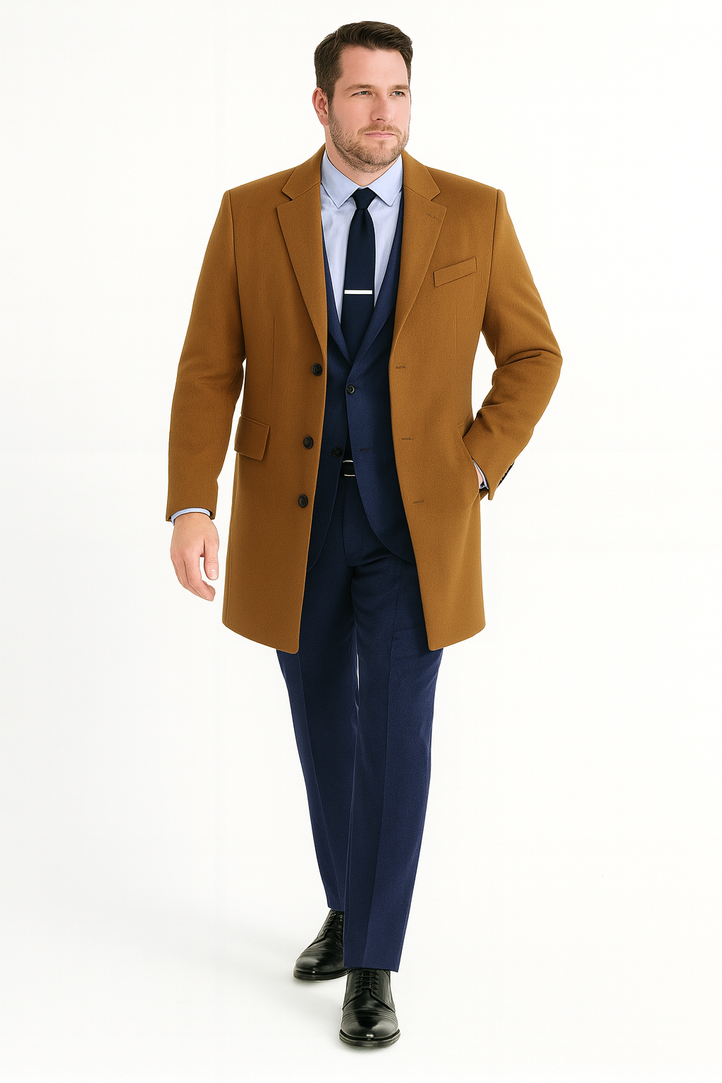Mens Camel Brown Wool Overcoat – Classic Long Dress Coat for Business and Casual Wear in Vecuna Color
