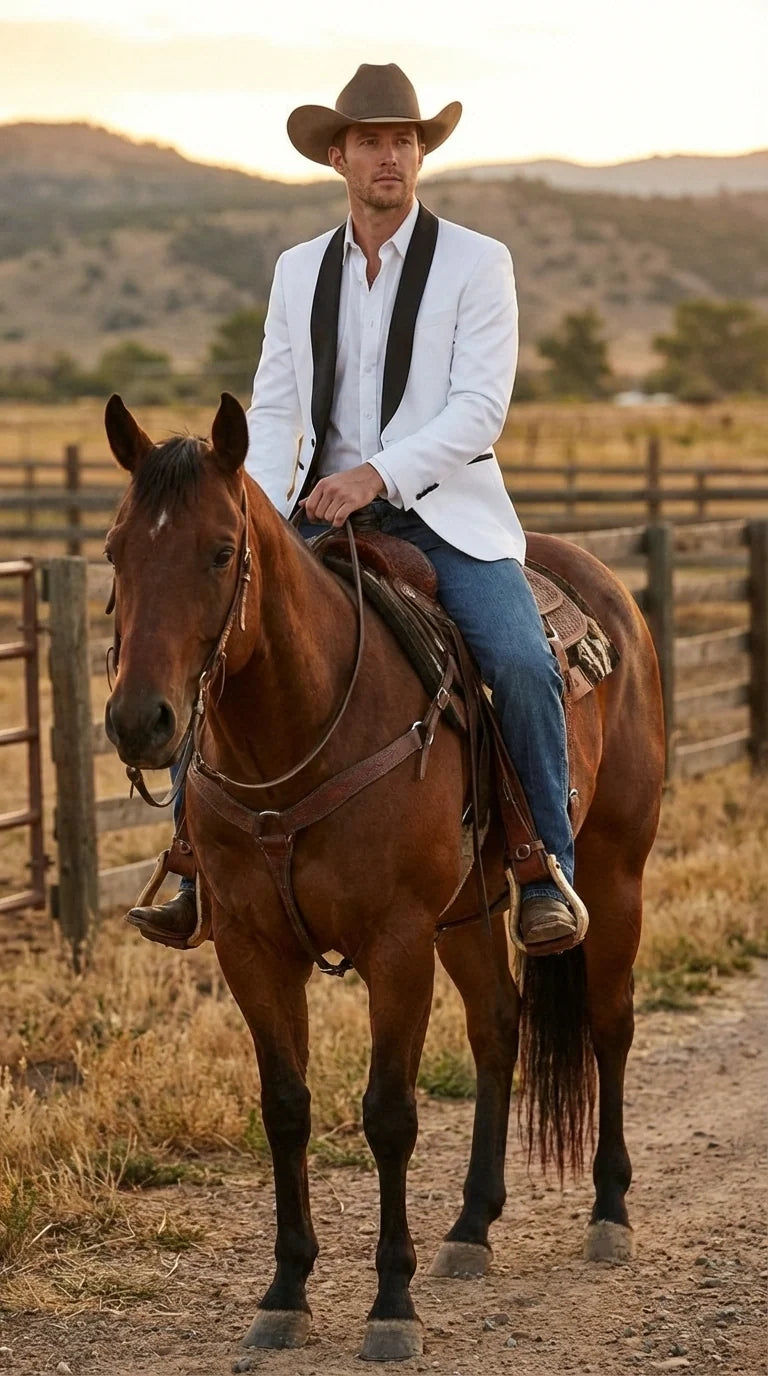 Men’s White Cowboy Blazer with Black Satin Lapel – Western Formal Tuxedo Style Jacket