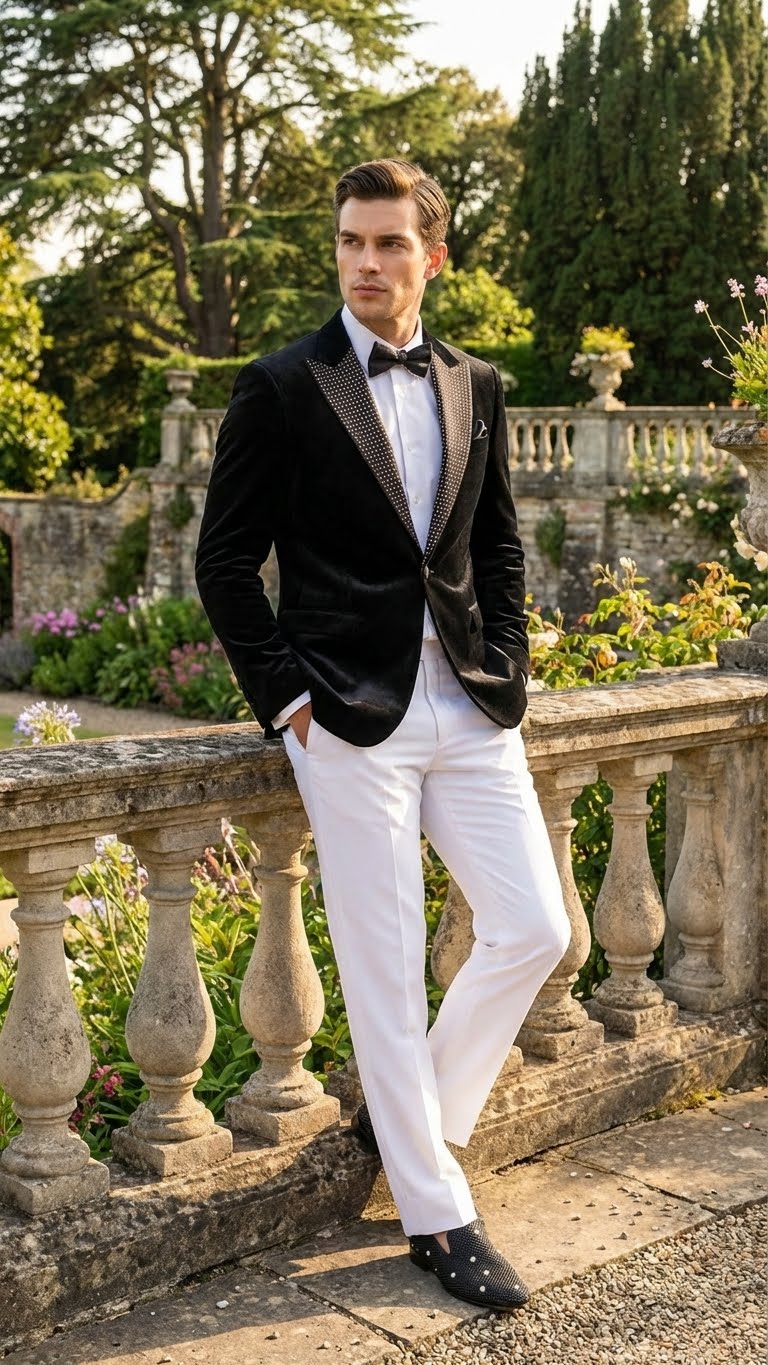 Mens Black Velvet Tuxedo Blazer with Studded Lapel Formal Evening Jacket