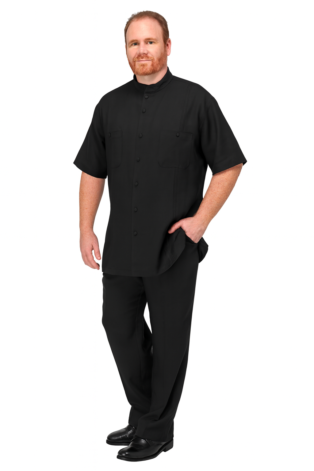 Mens Black Banded Collar Walking Suit Short Sleeve Shirt and Matching Pants Banded Collar Linen Fabric