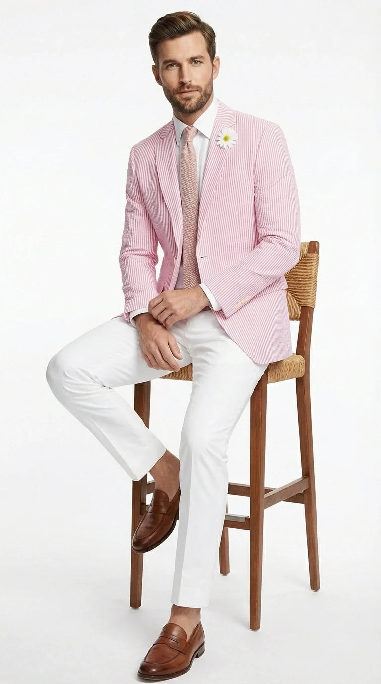 Mens Pink Seersucker Blazer – Lightweight Striped Summer Sport Coat Casual Smart Formal Jacket