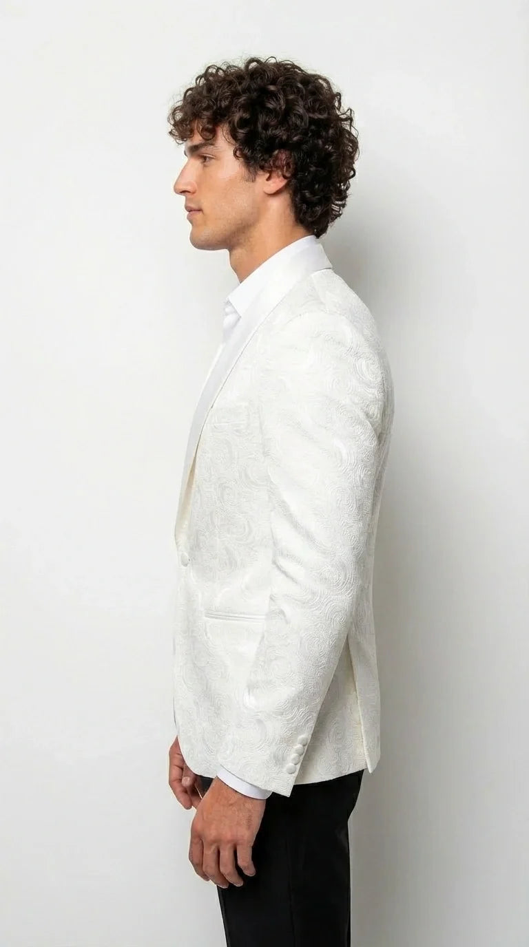 Men’s White Paisley Disco Blazer 1980s Style Jacket – Shawl Lapel Formal Party Blazer, Elegant Masquerade Club Wear, Stylish Evening Outfit