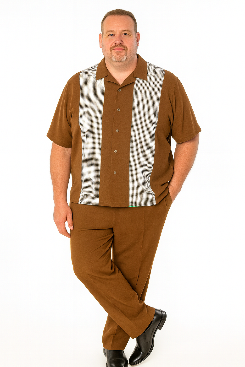 Mens Cognac Tan Two-Piece Outfit – Short Sleeve Button-Up Shirt and Pants Set