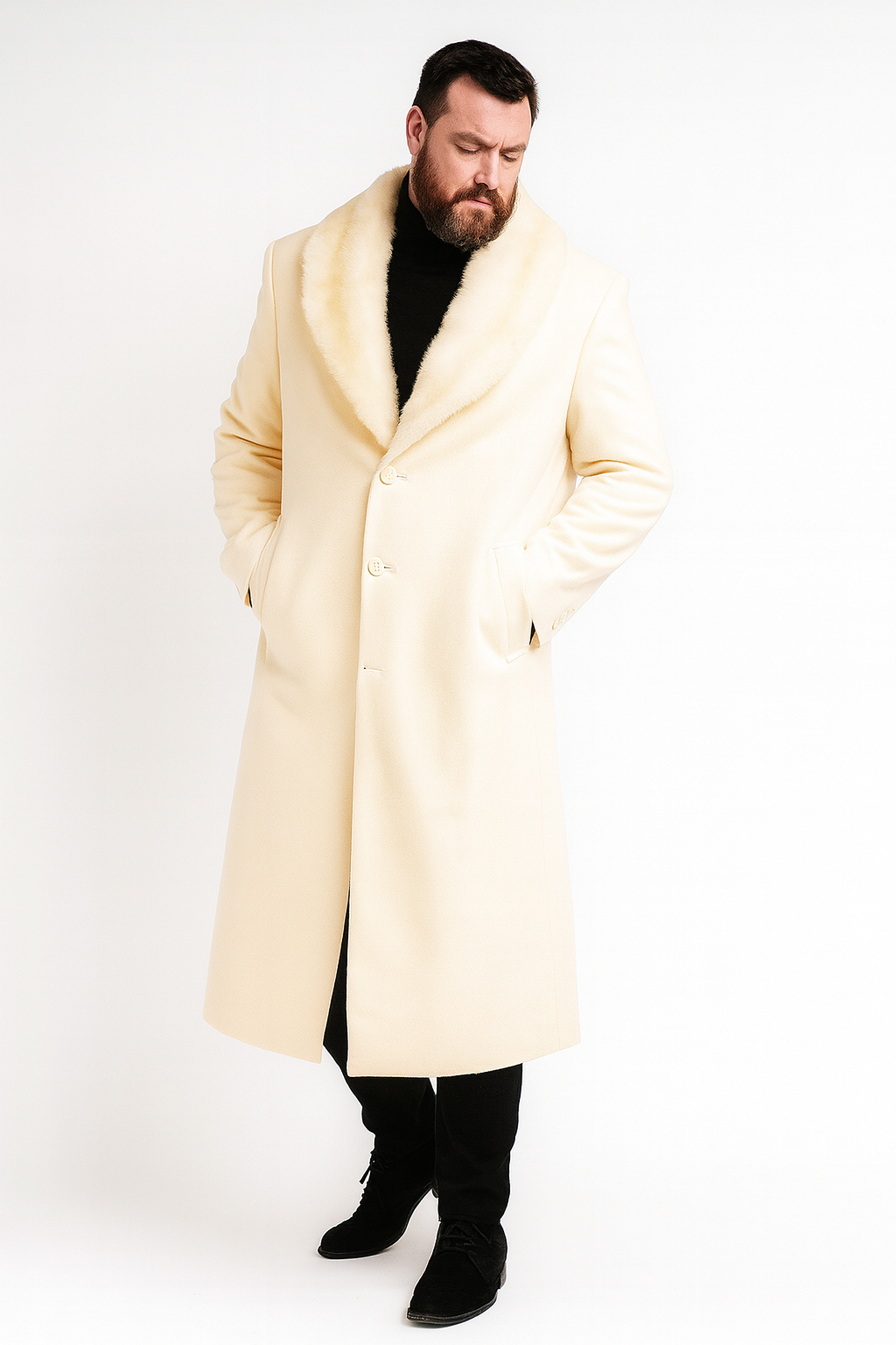 Mens Ivory - Cream - Off White Full-Length Overcoat with Luxurious Faux Fur Shawl Collar – Winter Dress Coat