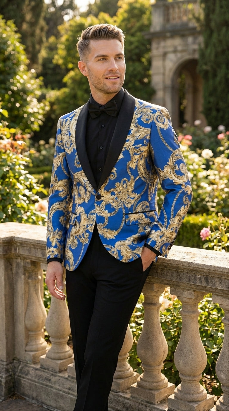 Men’s Royal Blue and Gold Blazer Jacket – Luxury Floral Pattern Tuxedo Blazer, Formal Party Wedding Dinner Jacket, Stylish Evening Wear
