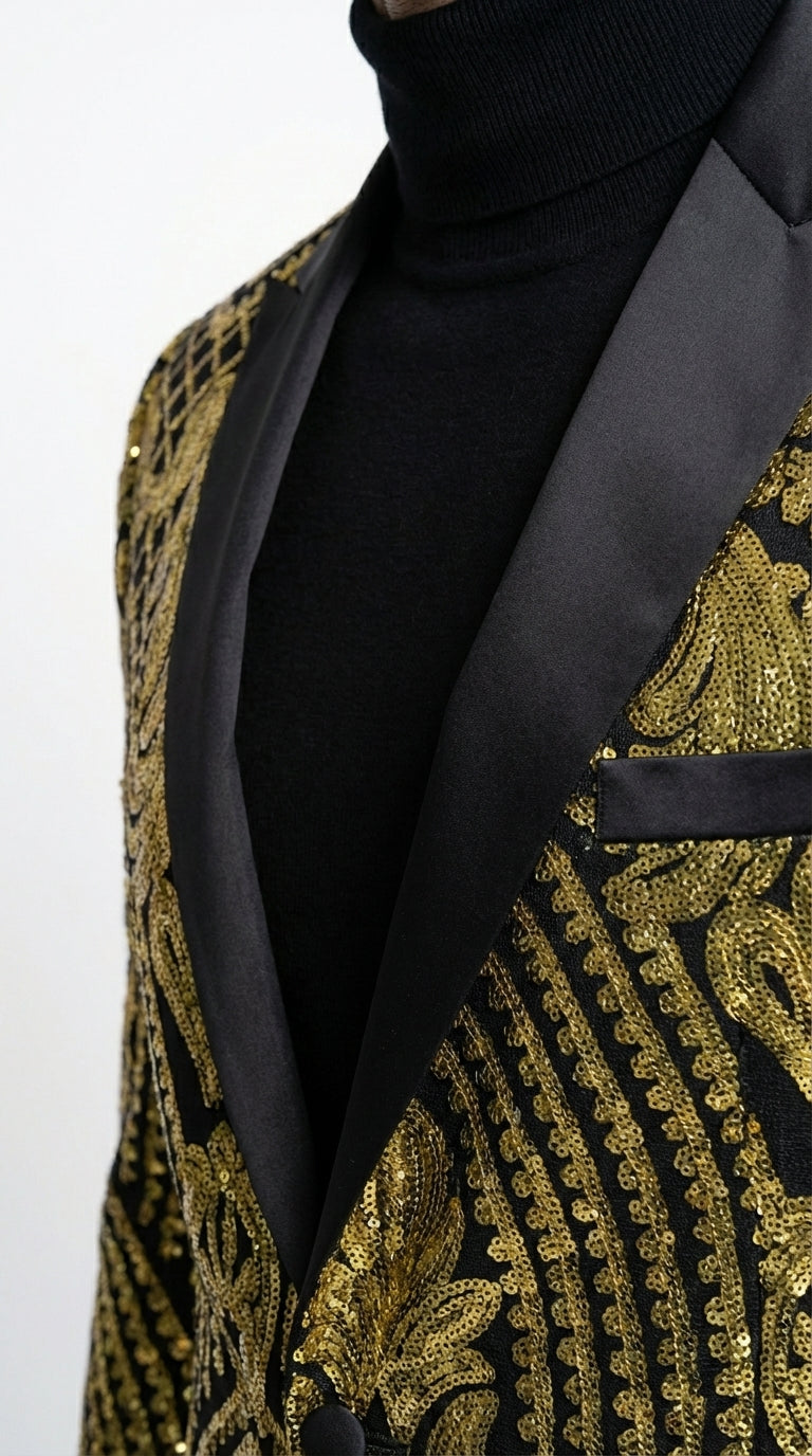 Mens Black and Gold Pattern Blazer – Gold Floral Luxury Formal Blazer Jacket for Prom, Wedding and Party Slim Fitted