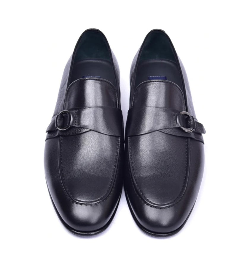 Corrente 6628 Leather Slip-On Side Buckle Loafer - Black