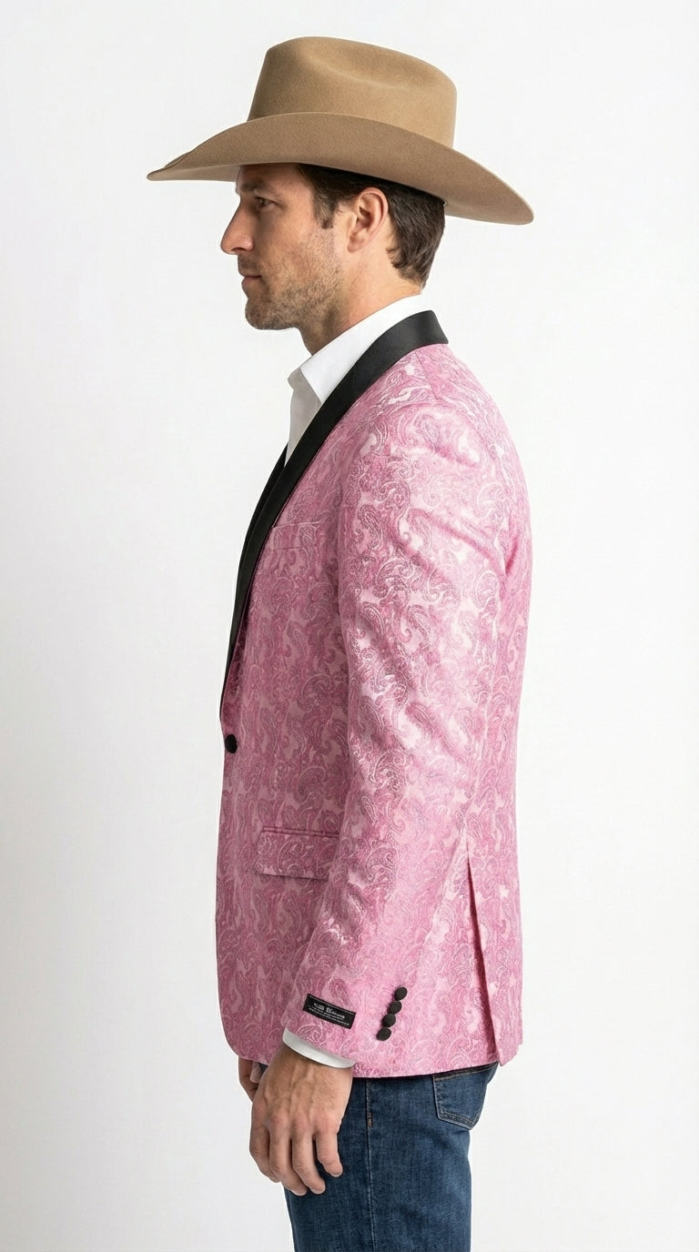 Mens Hot Pink Paisley Western Blazer Jacket – Stylish Pattern Formal Blazer with Black Shawl Lapel for Party, Wedding Cowboy Sportcoat