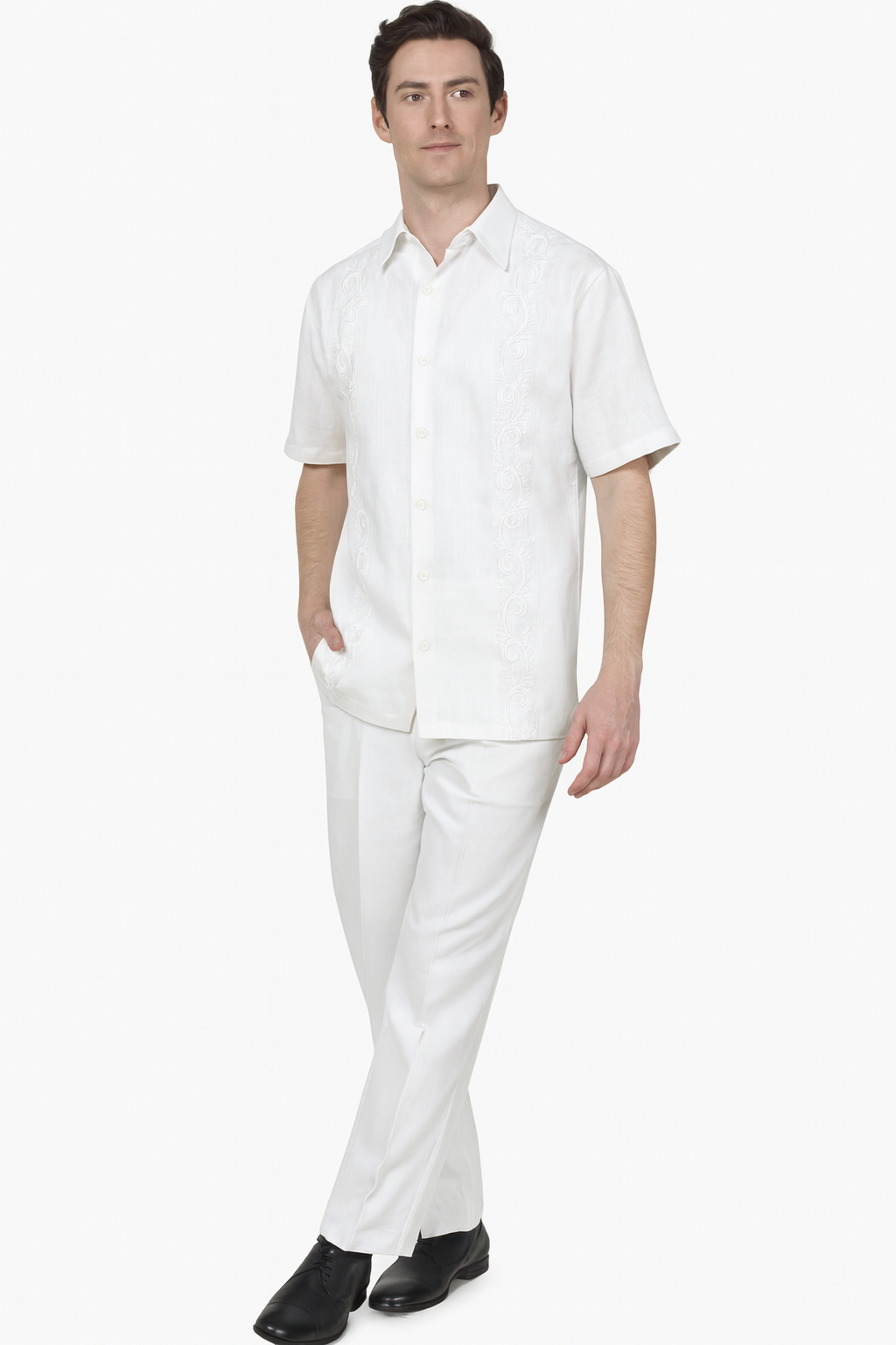 Mens White Embroidered Guayabera Two-Piece Set Short Sleeve Shirt and Pants
